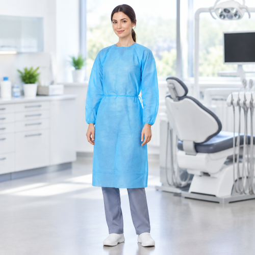Woman wearing a blue disposable isolation gown with elastic cuffs and a waist tie in a dental clinic.