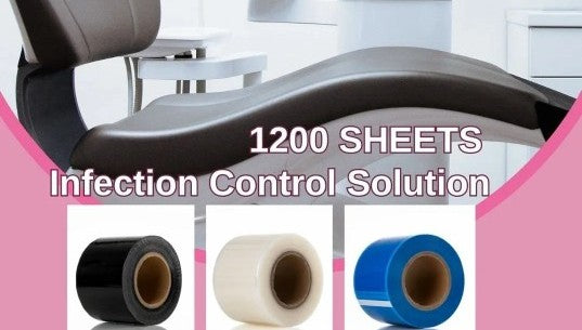 Dental infection control products featuring 1200 sheets of infection control solution rolls in black, white, and blue.
