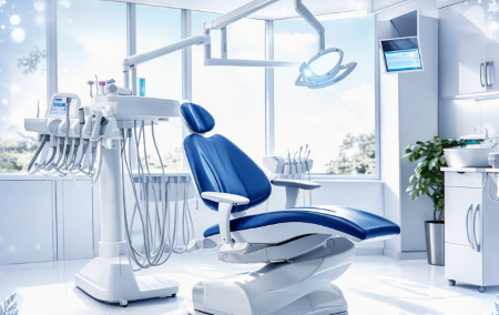 Modern dental clinic interior featuring dental products and supplies for professional care and treatment.