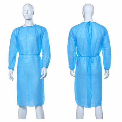 Front and back views of a blue disposable isolation gown on mannequins, showing elastic cuffs and waist ties.