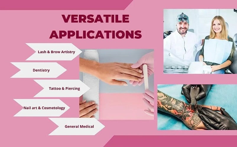 Collage showcasing versatile applications of Dental Patient Bibs in dentistry, lash artistry, tattooing, and general medical practices.