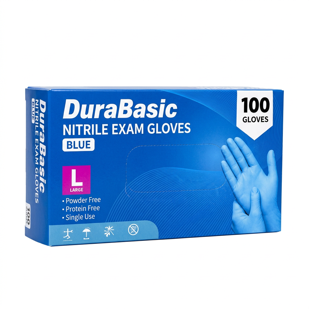 DuraBasic blue nitrile exam gloves, size large, box of 100 gloves