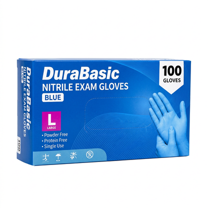 DuraBasic blue nitrile exam gloves, size large, box of 100 gloves