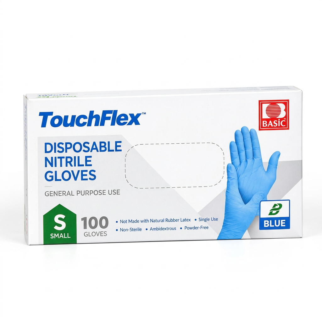 TouchFlex blue disposable nitrile gloves for general-purpose use, size small, box of 100.
