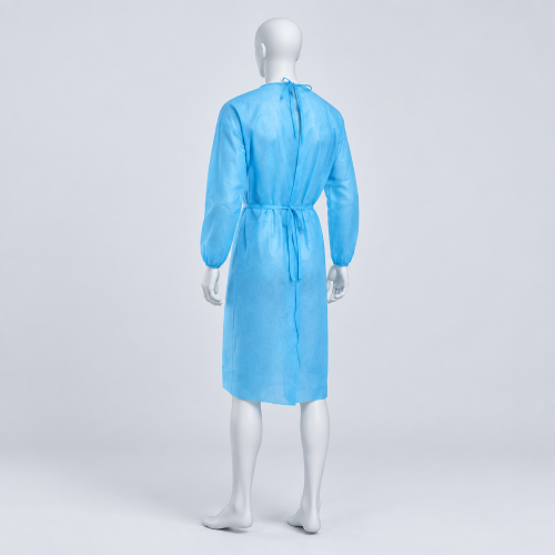Rear view of a blue disposable isolation gown on a mannequin, showing neck and waist ties.
