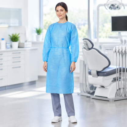 Woman wearing a blue disposable isolation gown with elastic cuffs and a waist tie in a dental clinic.