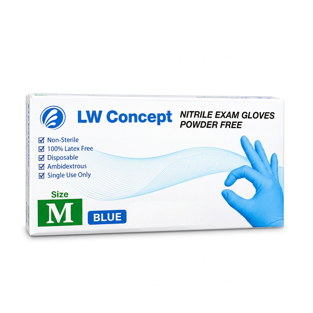 LW Concept blue powder-free nitrile exam gloves, size medium, in a white dispenser box.