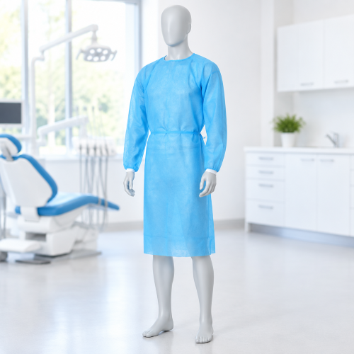 Blue disposable isolation gown with elastic cuffs and a waist tie displayed on a mannequin in a dental clinic.
