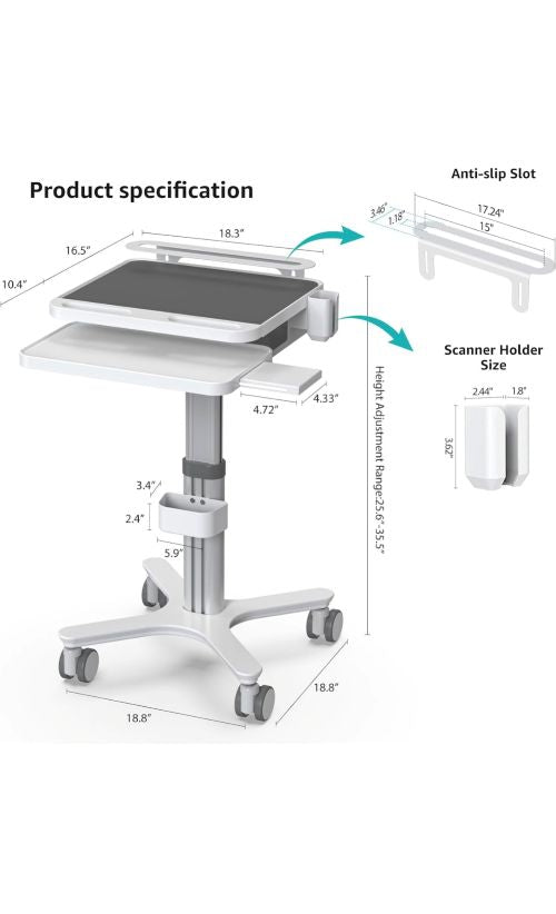 Mobile Dental Workstation Cart – Height Adjustable with Oral Scanner Holder &amp; Laptop Tray