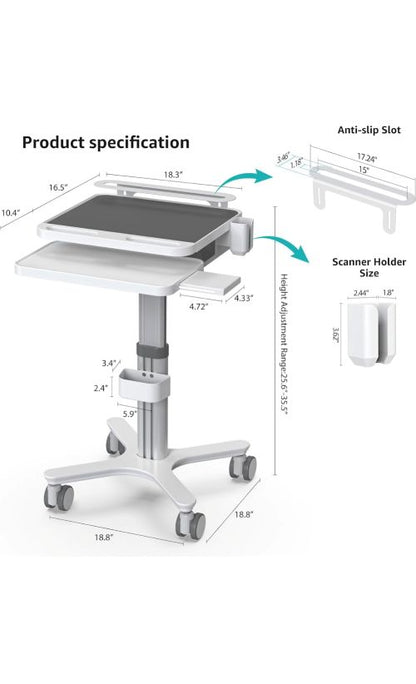 Mobile Dental Workstation Cart – Height Adjustable with Oral Scanner Holder &amp; Laptop Tray