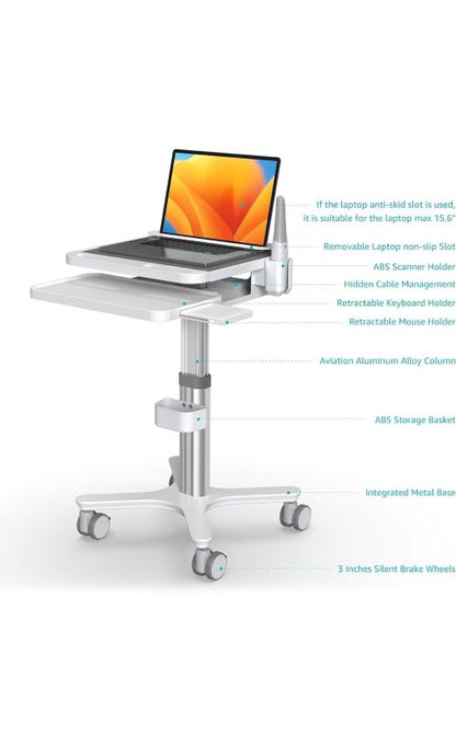 Mobile Dental Workstation Cart – Height Adjustable with Oral Scanner Holder &amp; Laptop Tray