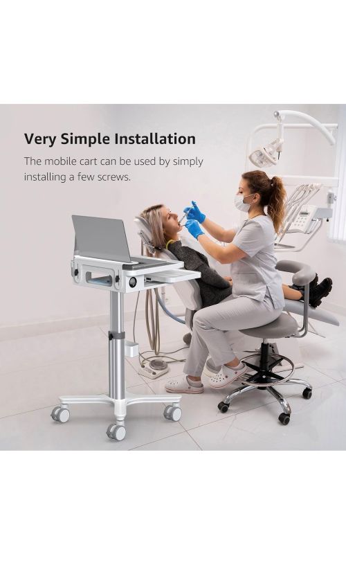 Mobile Dental Workstation Cart – Height Adjustable with Oral Scanner Holder &amp; Laptop Tray